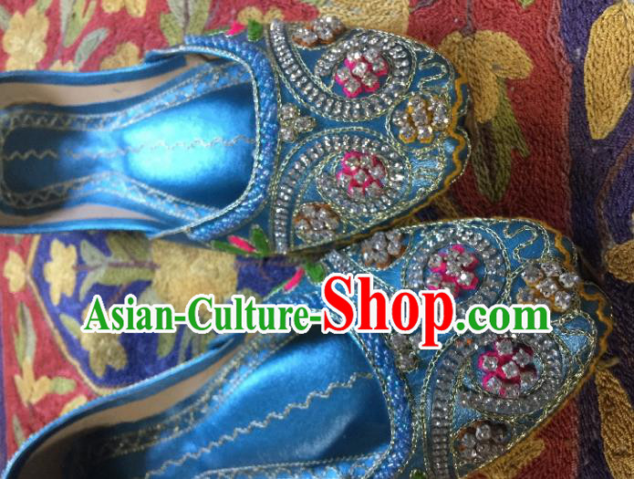 Asian India Traditional Embroidered Blue Crystal Shoes Indian Handmade Shoes for Women