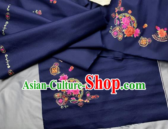Chinese Classical Embroidered Peony Pattern Design Deep Blue Silk Fabric Asian Traditional Hanfu Brocade Material