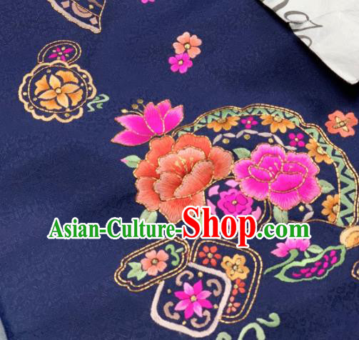 Chinese Classical Embroidered Peony Pattern Design Deep Blue Silk Fabric Asian Traditional Hanfu Brocade Material