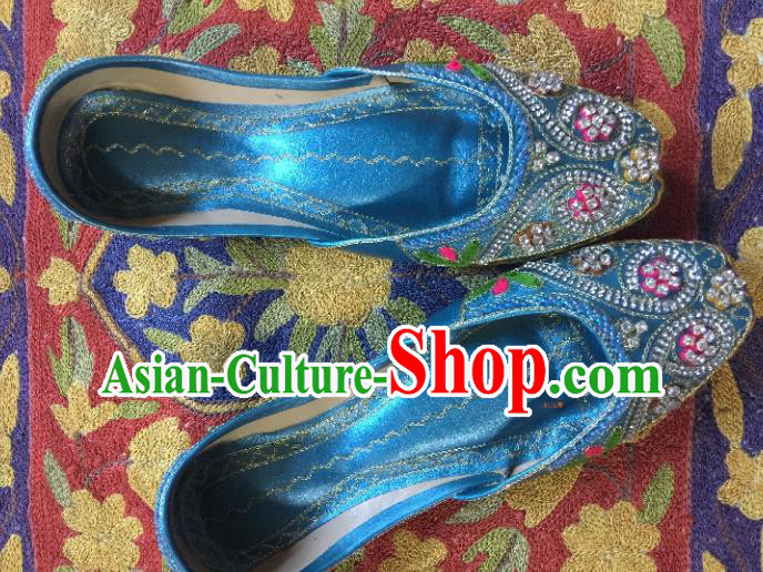 Asian India Traditional Embroidered Blue Crystal Shoes Indian Handmade Shoes for Women