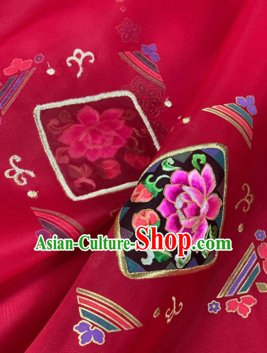 Chinese Classical Embroidered Peony Pattern Design Red Silk Fabric Asian Traditional Hanfu Material