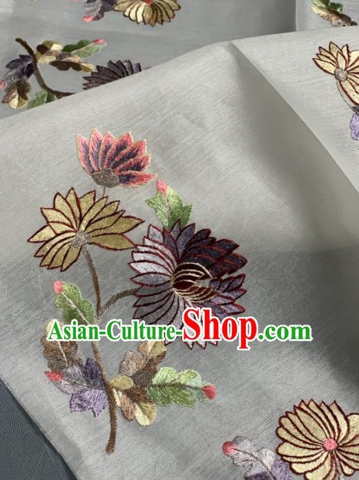 Chinese Classical Embroidered Chrysanthemum Pattern Design White Silk Fabric Asian Traditional Hanfu Brocade Material