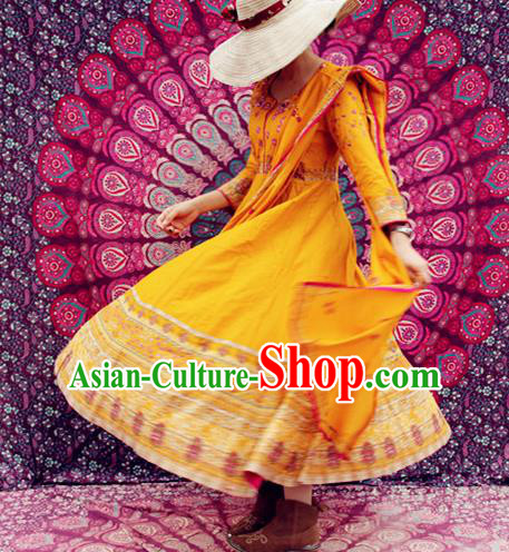 Asian India Traditional Folk Dance Yellow Dress Indian Embroidered Costumes for Women