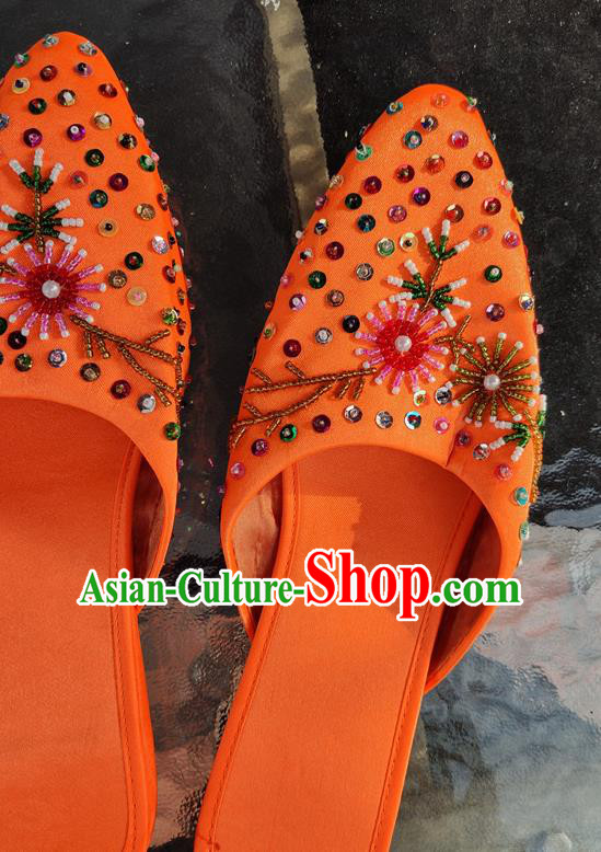 Asian India Traditional Orange Leather Slippers Indian Handmade Shoes for Women