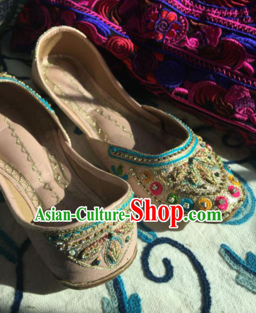 Asian India Traditional Embroidered Beads Pink Leather Shoes Indian Handmade Shoes for Women