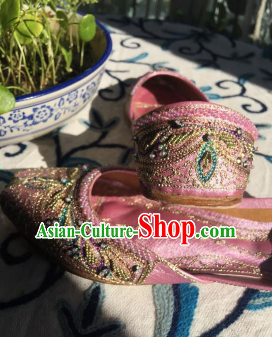 Asian India Traditional Bride Embroidered Pink Leather Shoes Indian Handmade Shoes for Women