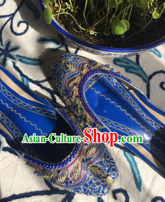 Asian India Traditional Bride Embroidered Royalblue Leather Shoes Indian Handmade Shoes for Women