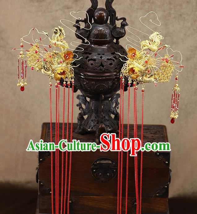 Traditional Chinese Wedding Golden Crane Hair Crown Tassel Hairpins Headdress Ancient Bride Hair Accessories for Women