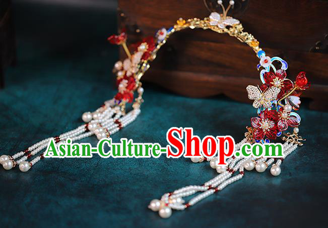 Traditional Chinese Wedding Pearls Tassel Hair Crown Headdress Ancient Bride Hair Accessories for Women