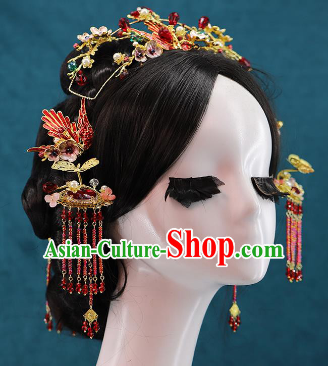 Traditional Chinese Wedding Cloisonne Red Phoenix Hair Crown Tassel Hairpins Headdress Ancient Bride Hair Accessories for Women
