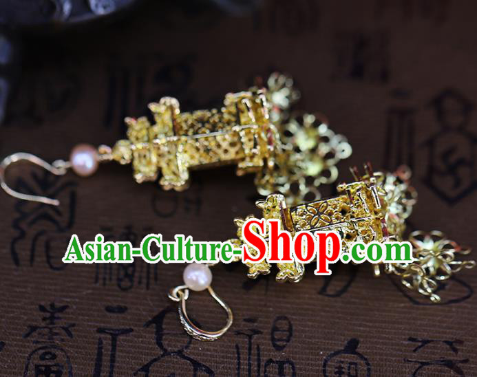 Traditional Chinese Handmade Qing Dynasty Golden Earrings Ancient Hanfu Ear Accessories for Women