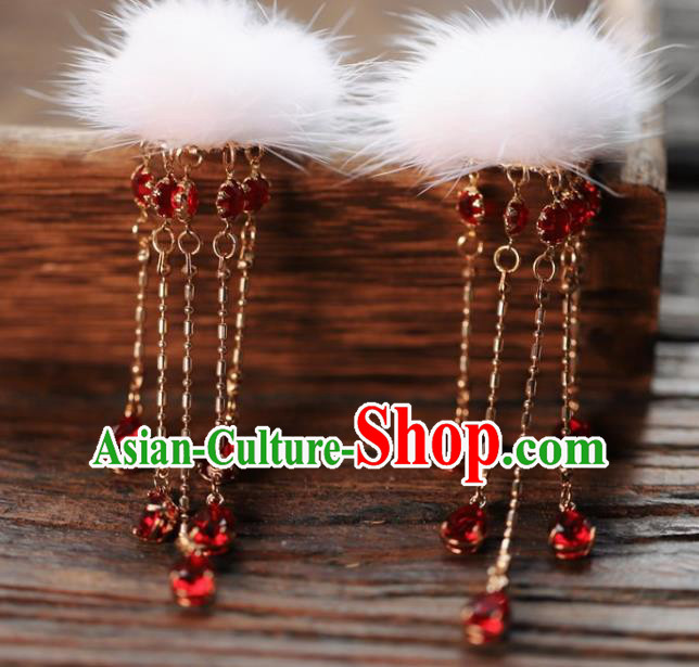 Traditional Chinese White Fur Tassel Hairpins Headdress Ancient Princess Hair Accessories for Women