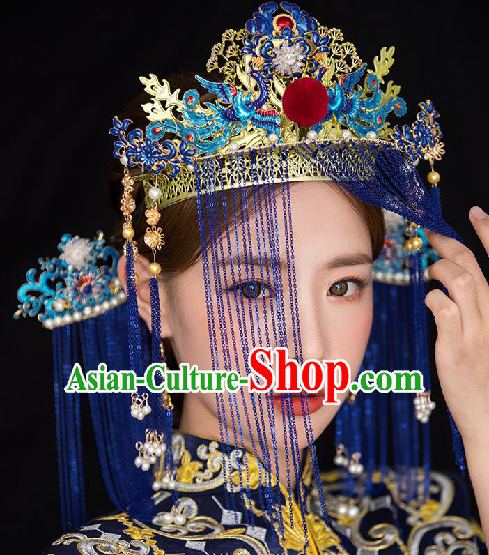Traditional Chinese Wedding Cloisonne Phoenix Coronet Hairpins Headdress Ancient Princess Hair Accessories for Women