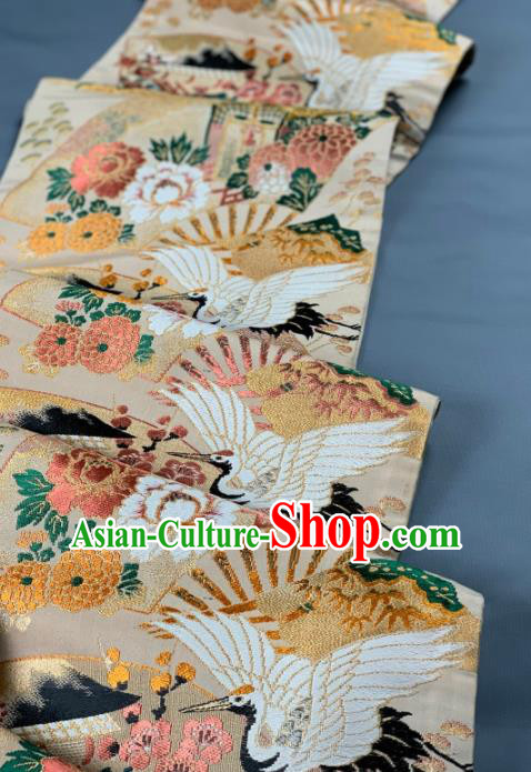 Asian Japanese Traditional Crane Plum Pattern Design Beige Brocade Fabric Silk Fabric Tapestry Satin