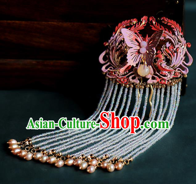 Traditional Chinese Handmade Pearls Tassel Pink Butterfly Hair Comb Headdress Ancient Hanfu Hair Accessories for Women