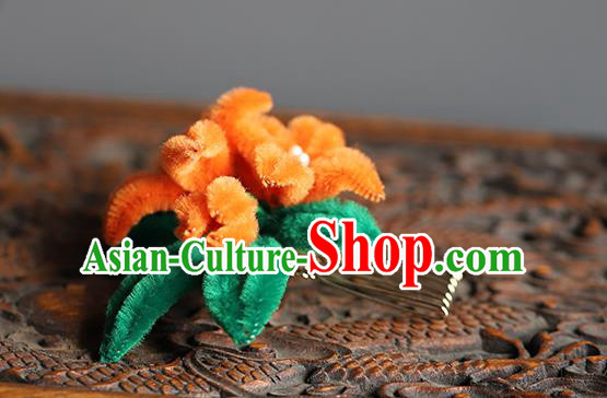 Traditional Chinese Handmade Orange Velvet Flowers Hair Comb Headdress Ancient Hanfu Hair Accessories for Women