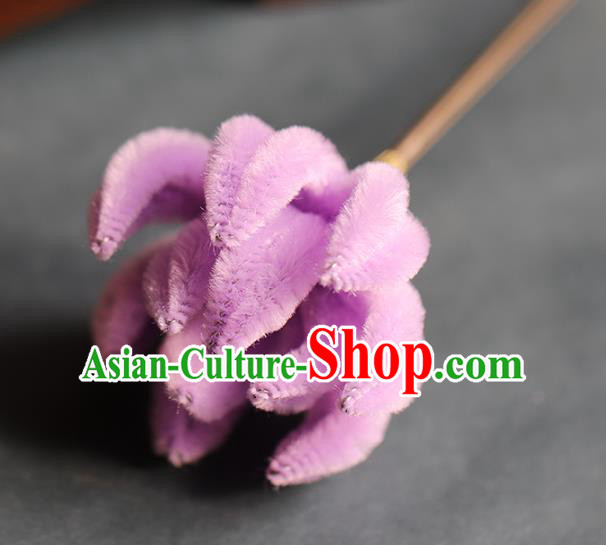 Traditional Chinese Handmade Lilac Velvet Chrysanthemum Hairpin Headdress Ancient Hanfu Hair Accessories for Women