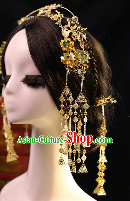 Traditional Chinese Wedding Brass Phoenix Coronet Hairpins Headdress Ancient Bride Hair Accessories for Women