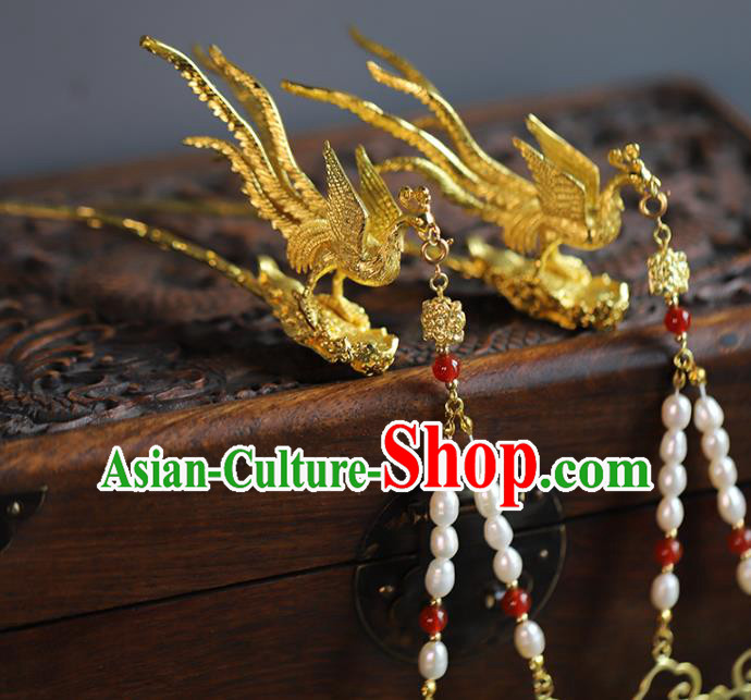 Traditional Chinese Handmade Pearls Tassel Brass Phoenix Hairpin Headdress Ancient Hanfu Hair Accessories for Women