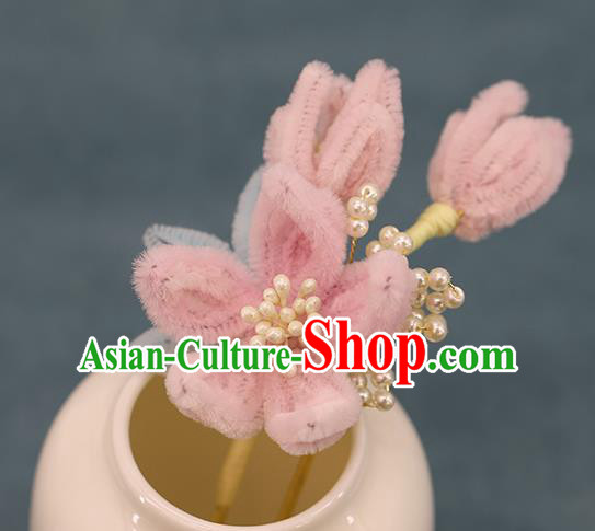 Traditional Chinese Handmade Pink Velvet Plum Hairpin Headdress Ancient Hanfu Hair Accessories for Women