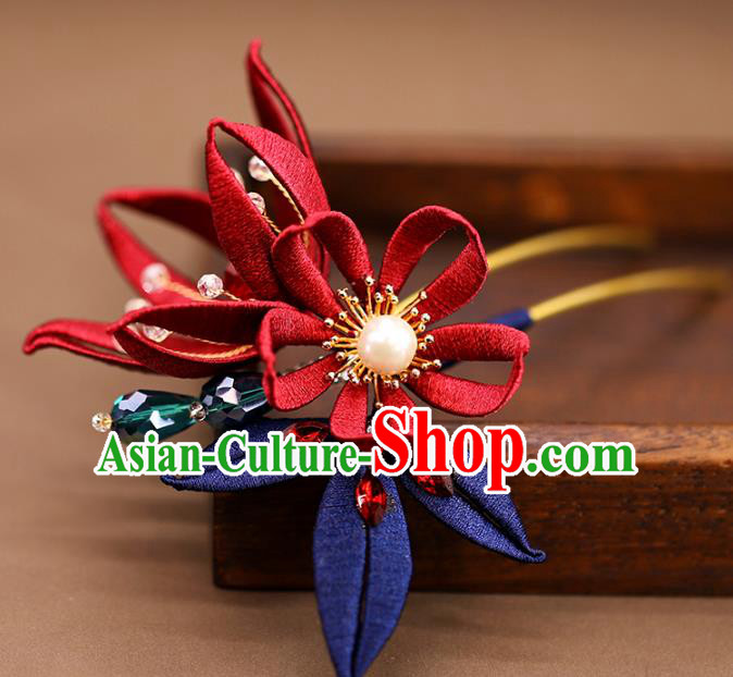 Traditional Chinese Handmade Red Flowers Hairpin Headdress Ancient Hanfu Hair Accessories for Women