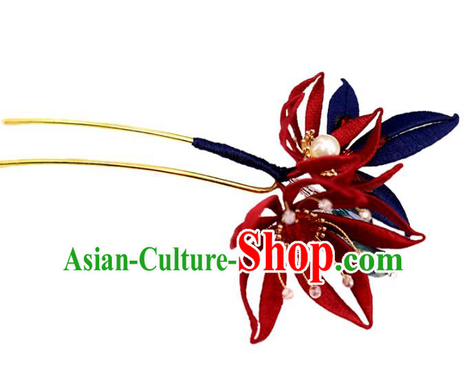Traditional Chinese Handmade Red Flowers Hairpin Headdress Ancient Hanfu Hair Accessories for Women