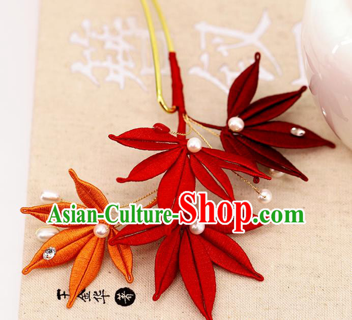 Traditional Chinese Handmade Red Maple Leaf Hairpin Headdress Ancient Hanfu Hair Accessories for Women