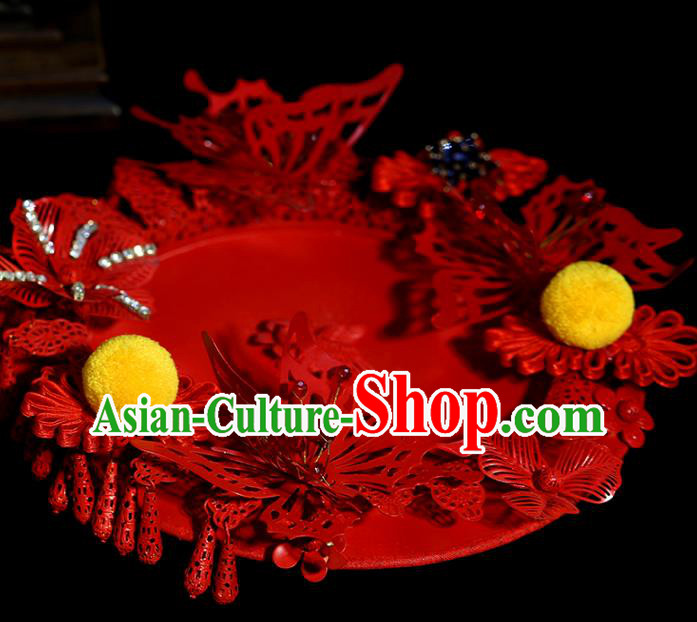 Traditional Chinese Handmade Red Butterfly Round Fans Ancient Hanfu Wedding Palace Fan for Women