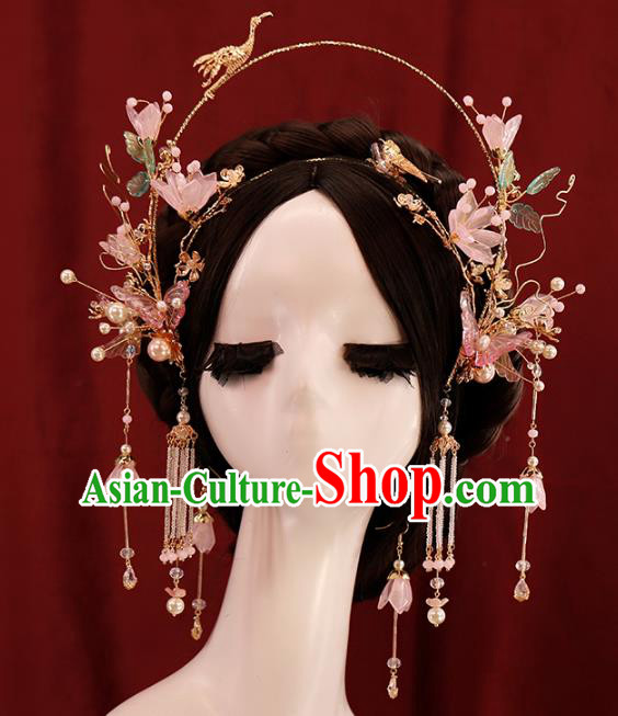 Traditional Chinese Wedding Pink Flowers Crane Hair Crown Headdress Ancient Queen Hair Accessories for Women