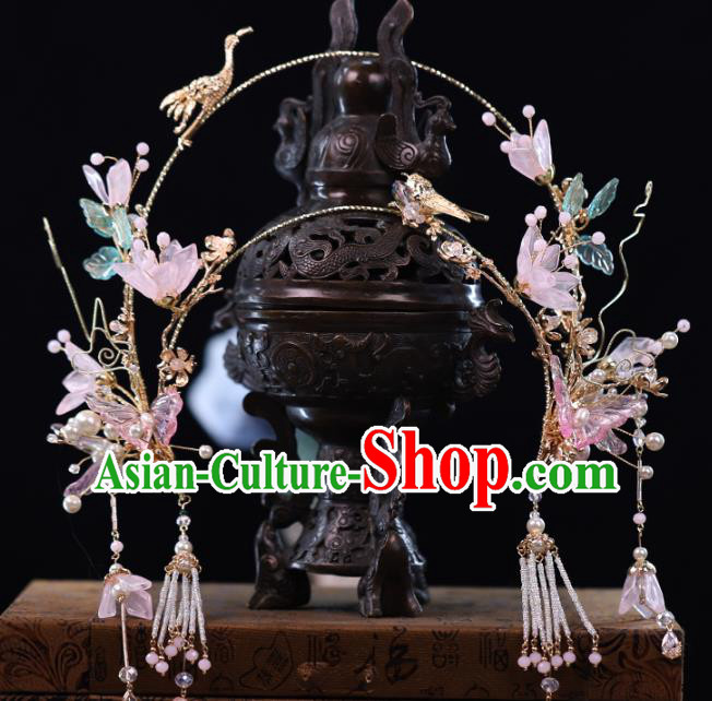 Traditional Chinese Wedding Pink Flowers Crane Hair Crown Headdress Ancient Queen Hair Accessories for Women