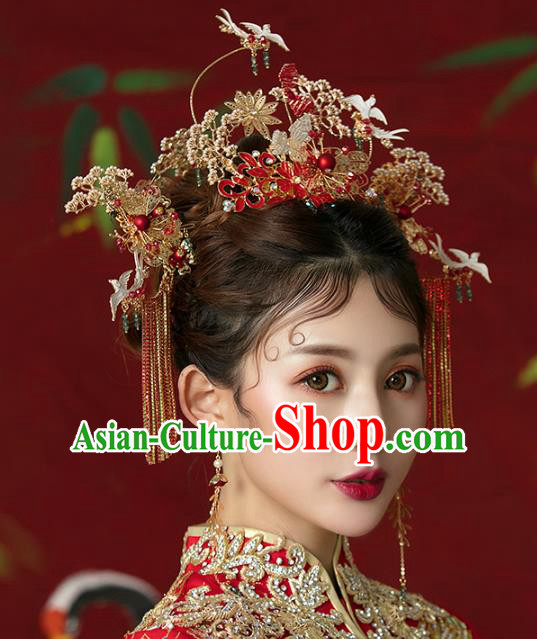 Traditional Chinese Wedding Cloisonne Red Hair Crown Tassel Hairpins Headdress Ancient Bride Hair Accessories for Women