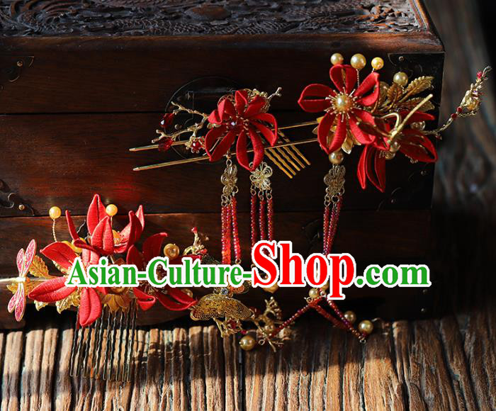 Traditional Chinese Wedding Red Flowers Hair Combs Tassel Hairpins Headdress Ancient Bride Hair Accessories for Women