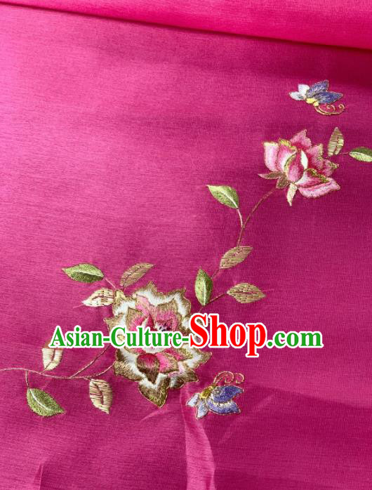 Asian Chinese Traditional Embroidered Flowers Pattern Design Rosy Silk Fabric Hanfu Material