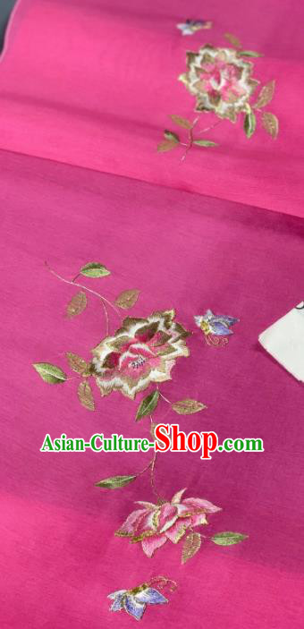 Asian Chinese Traditional Embroidered Flowers Pattern Design Rosy Silk Fabric Hanfu Material