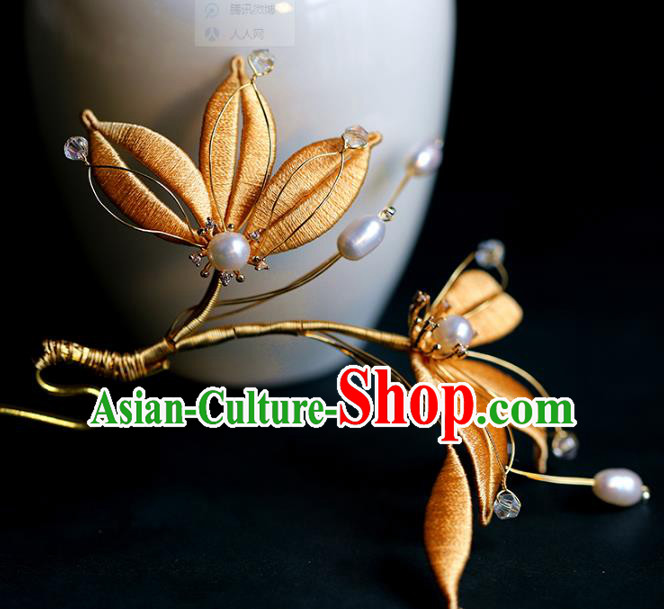 Traditional Chinese Handmade Golden Leaf Hairpin Headdress Ancient Hanfu Hair Accessories for Women