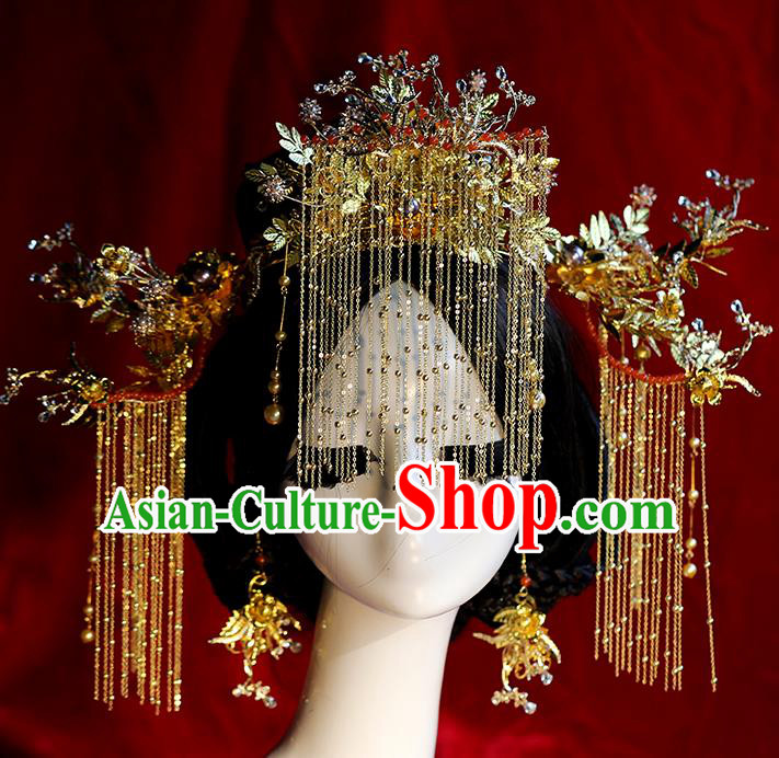 Traditional Chinese Golden Phoenix Coronet Tassel Hairpins Headdress Ancient Bride Hair Accessories for Women