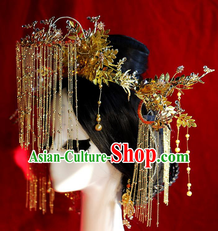 Traditional Chinese Golden Phoenix Coronet Tassel Hairpins Headdress Ancient Bride Hair Accessories for Women