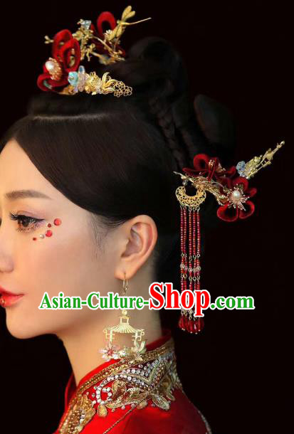 Traditional Chinese Wedding Hair Crown Red Flower Hairpins Headdress Ancient Bride Hair Accessories for Women