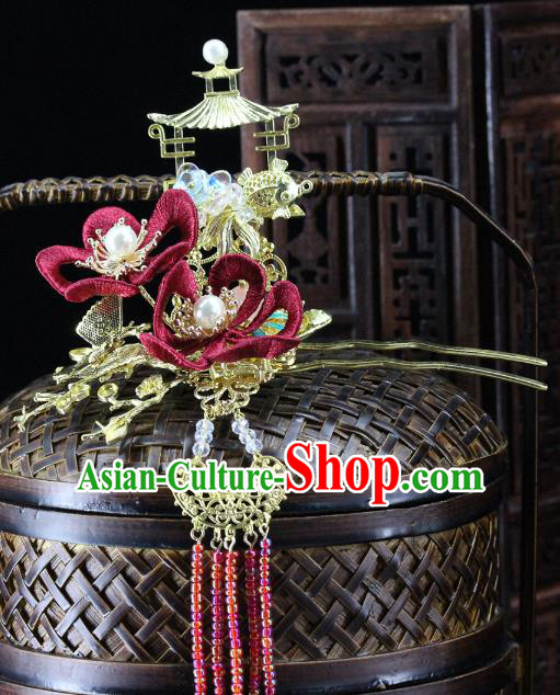 Traditional Chinese Wedding Hair Crown Red Flower Hairpins Headdress Ancient Bride Hair Accessories for Women