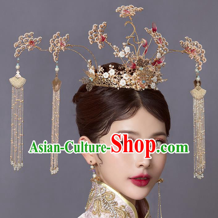 Traditional Chinese Wedding Pine Phoenix Coronet Hairpins Headdress Ancient Bride Hair Accessories for Women