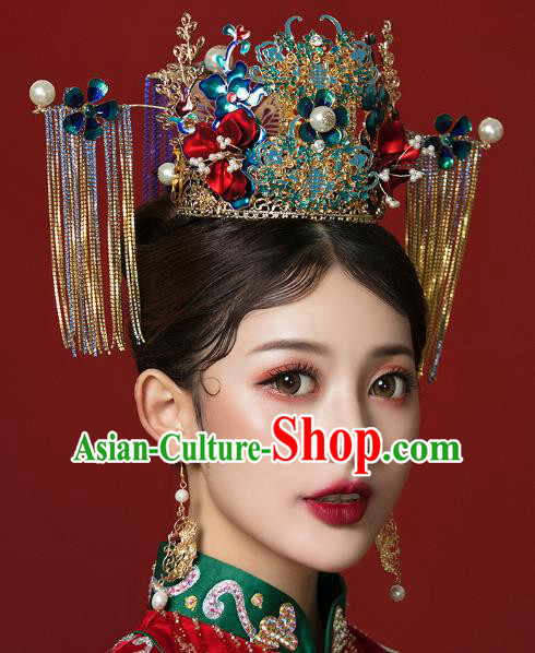 Traditional Chinese Wedding Cloisonne Phoenix Coronet Hairpins Headdress Ancient Bride Hair Accessories for Women