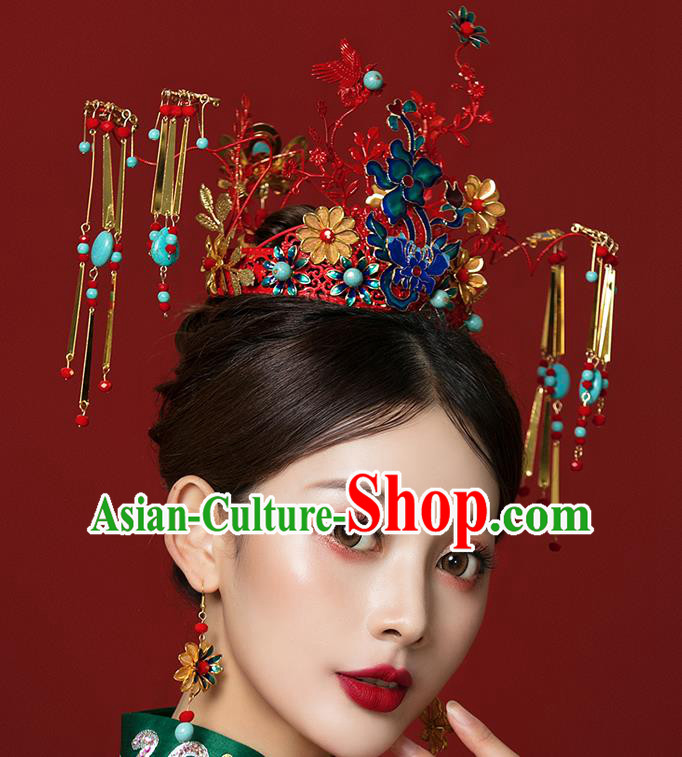 Traditional Chinese Wedding Cloisonne Red Phoenix Coronet Hairpins Headdress Ancient Bride Hair Accessories for Women
