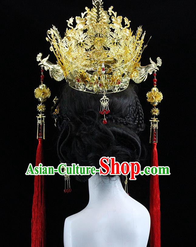 Traditional Chinese Wedding Golden Phoenix Coronet Hairpins Headdress Ancient Bride Hair Accessories for Women
