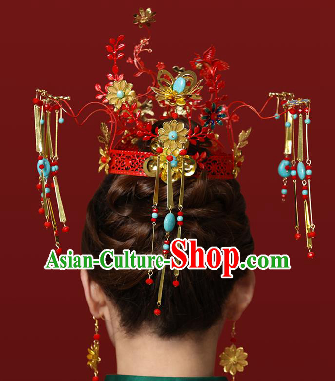 Traditional Chinese Wedding Cloisonne Red Phoenix Coronet Hairpins Headdress Ancient Bride Hair Accessories for Women
