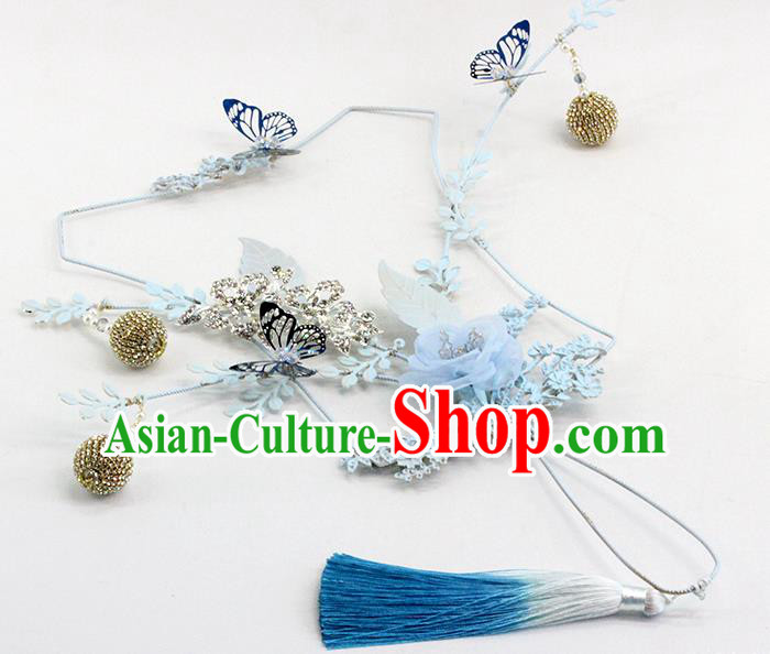 Traditional Chinese Handmade Blue Silk Flowers Fans Ancient Hanfu Wedding Palace Fan for Women