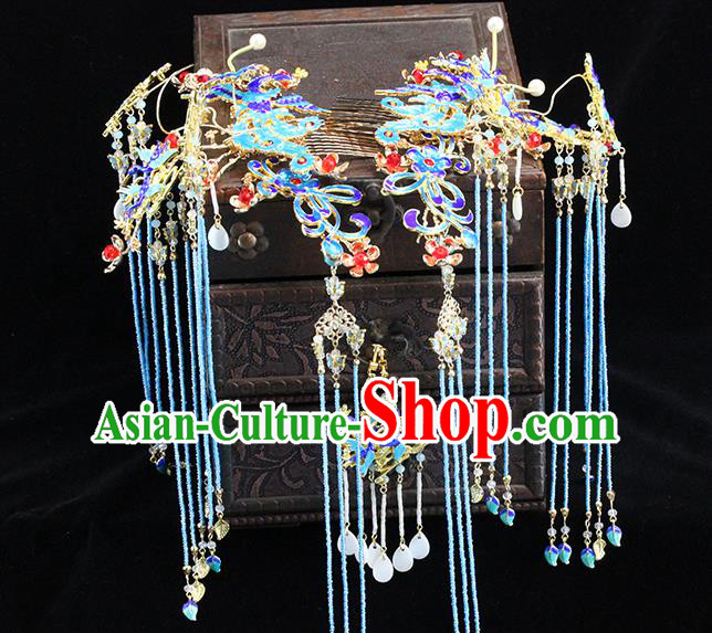 Traditional Chinese Wedding Cloisonne Tassel Hairpins Headdress Ancient Bride Hair Accessories for Women