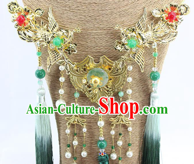 Traditional Chinese Wedding Green Tassel Necklace Ancient Bride Handmade Golden Phoenix Necklet Accessories for Women