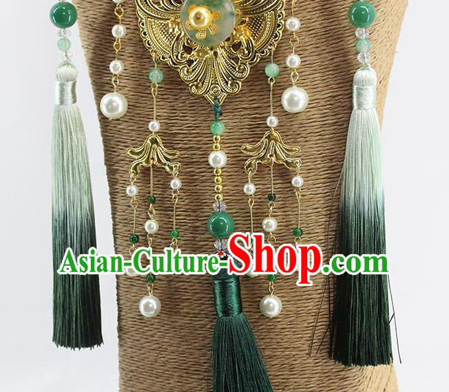 Traditional Chinese Wedding Green Tassel Necklace Ancient Bride Handmade Golden Phoenix Necklet Accessories for Women