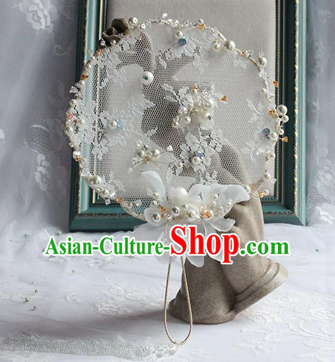 Traditional Chinese Handmade White Lace Round Fans Ancient Hanfu Wedding Palace Fan for Women