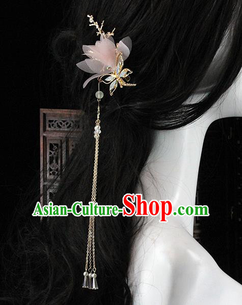 Traditional Chinese Handmade Pink Silk Flower Dragonfly Hairpin Headdress Ancient Hanfu Hair Accessories for Women